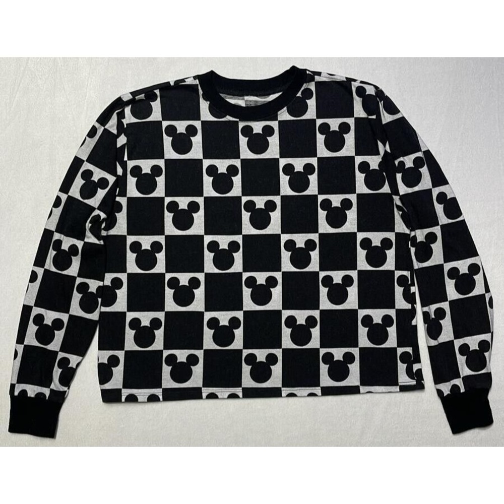 Disney  Mickey Mouse Sweater Women Medium Black Over Print Round‎ Neck Light